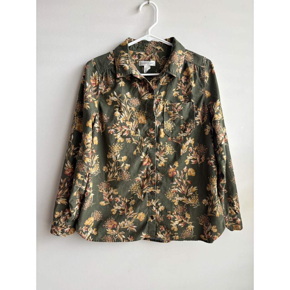 Christopher & Banks Green Floral Corduroy Button Down Women Small